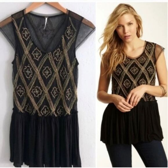 FREE PEOPLE black beaded sheer holiday to India peplum top tinic XS - Picture 11 of 12
